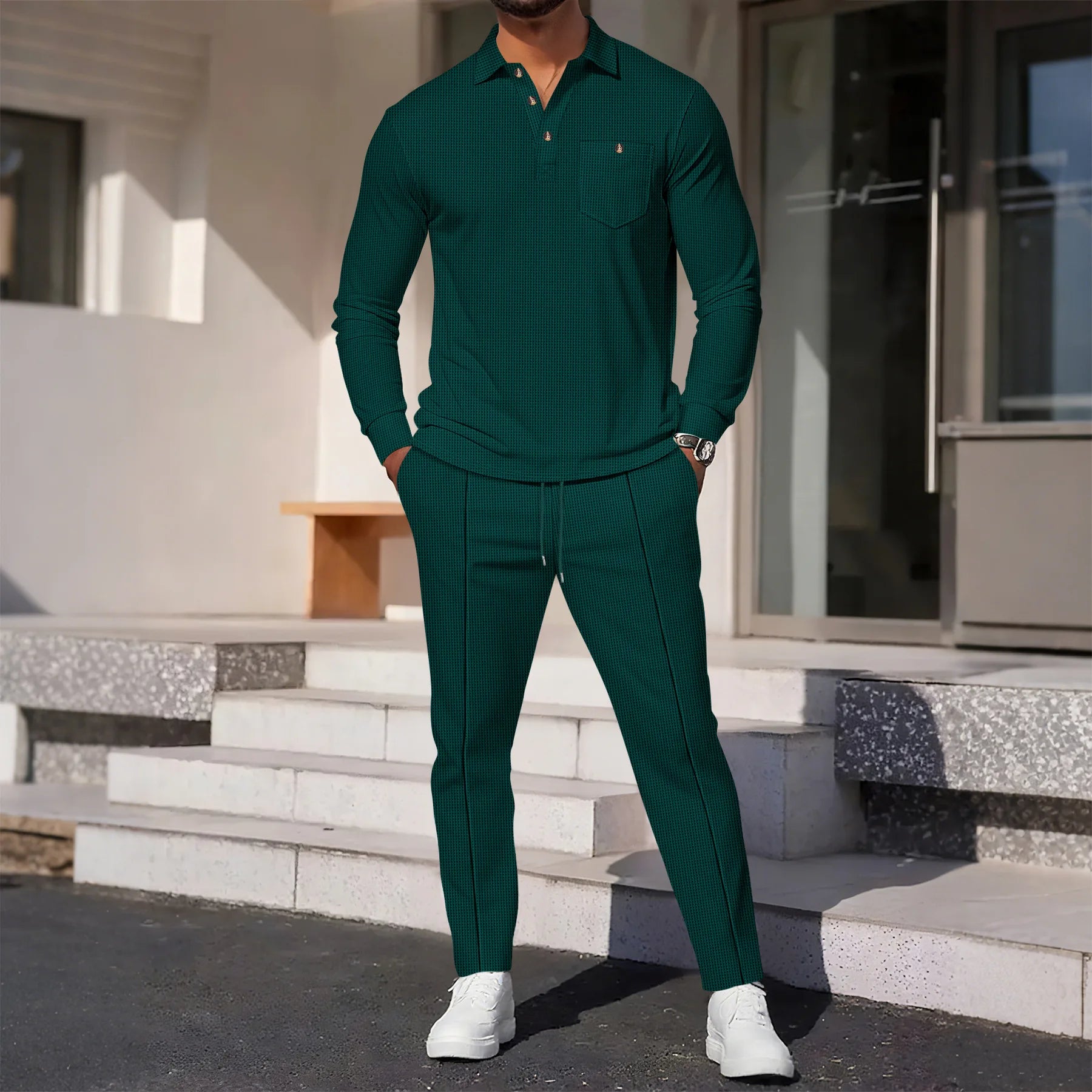 Men's Waffle Knit Long Sleeve Polo Shirt Tracksuit Button Detail Casual Two-Piece Comfortable Daily Wear Sports Outfit