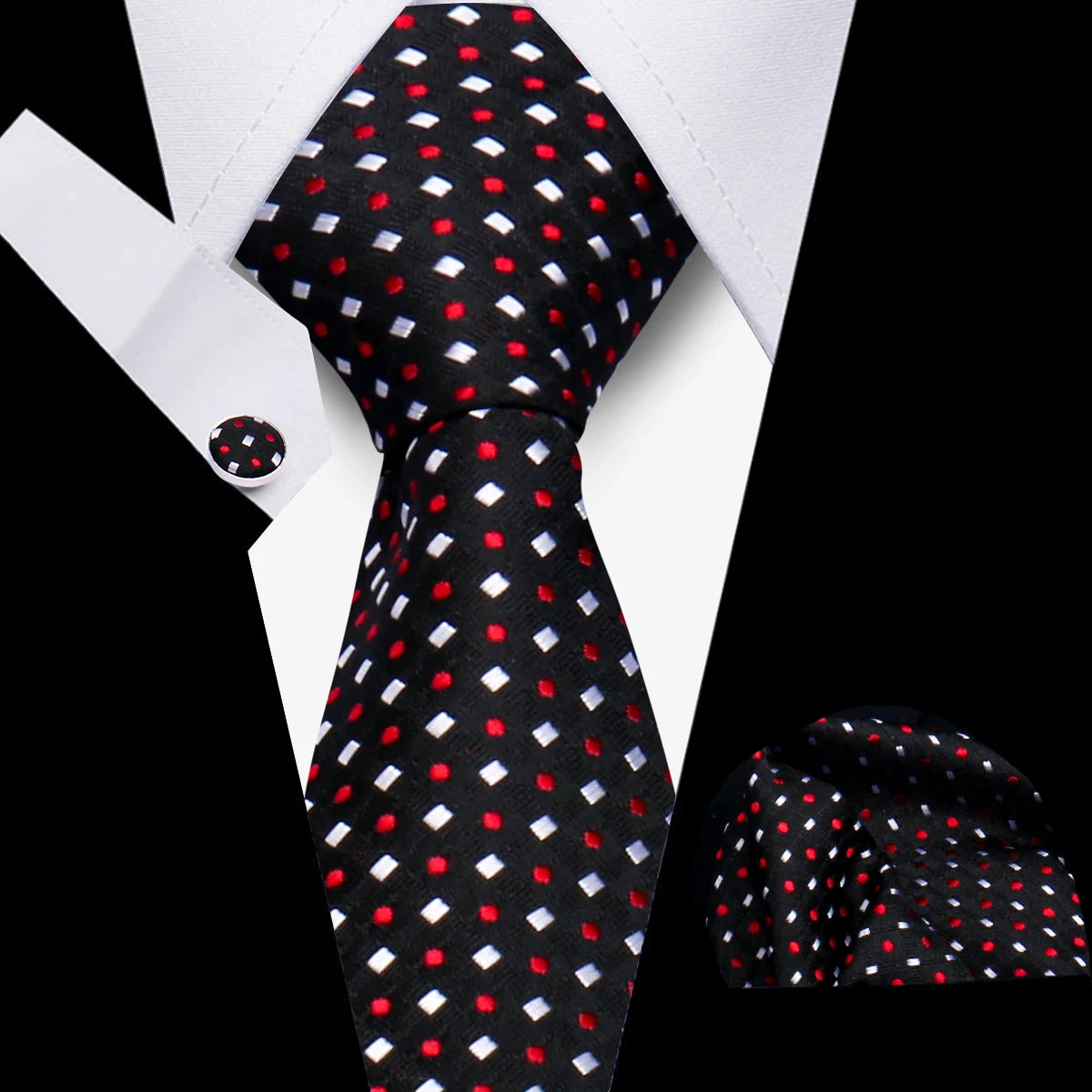 Tie Man Luxury Business Neck Tie For Mens Cufflinks Pocket Square Set 7.5cm Necktie For Wedding Party Shirts Sets White Cravats