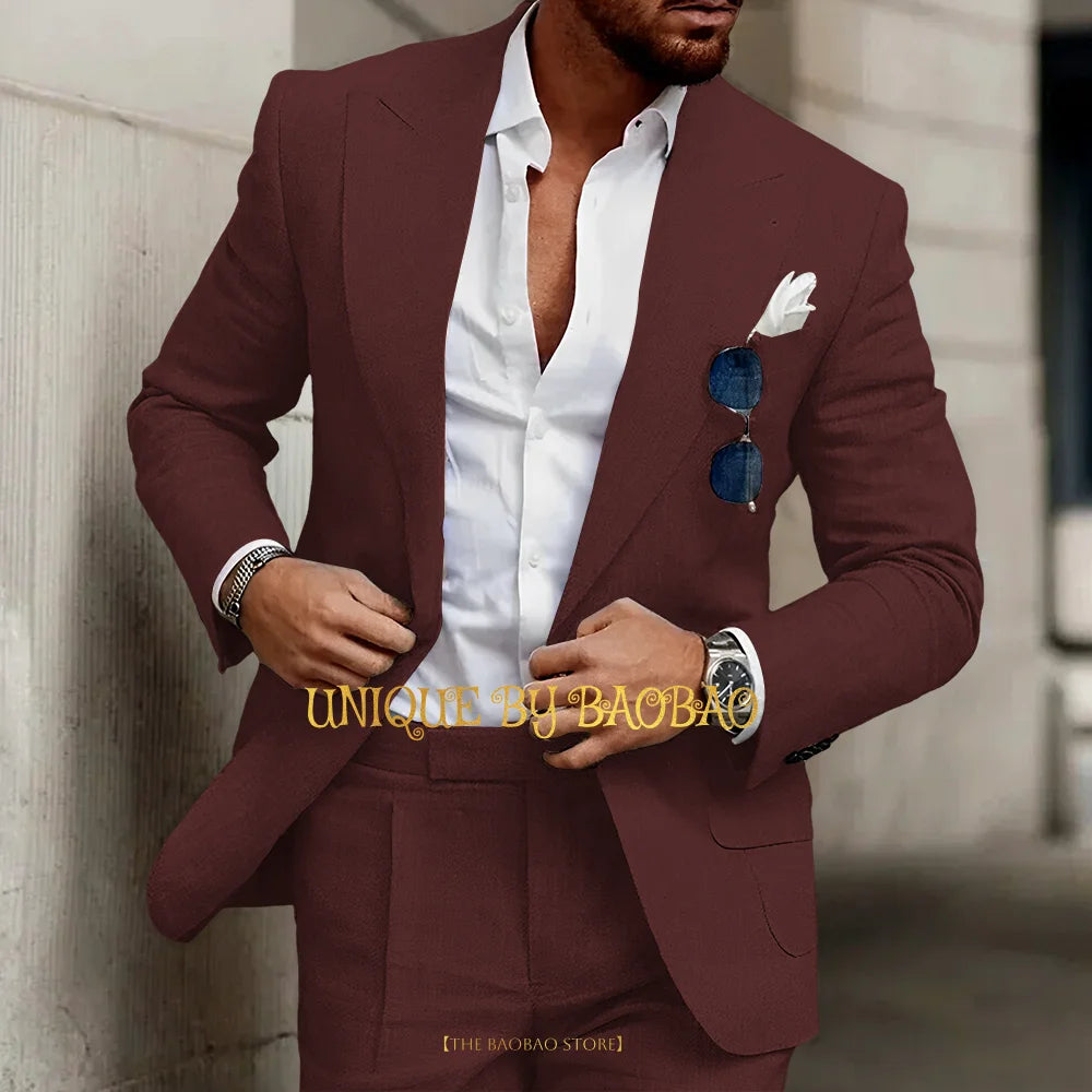 Summer Men's Linen Suit 2 Pieces (Jacket+Pants) Slim Fit Wedding Groomsmen Banquet Dating Cocktail Prom Party Custom Tuxedo