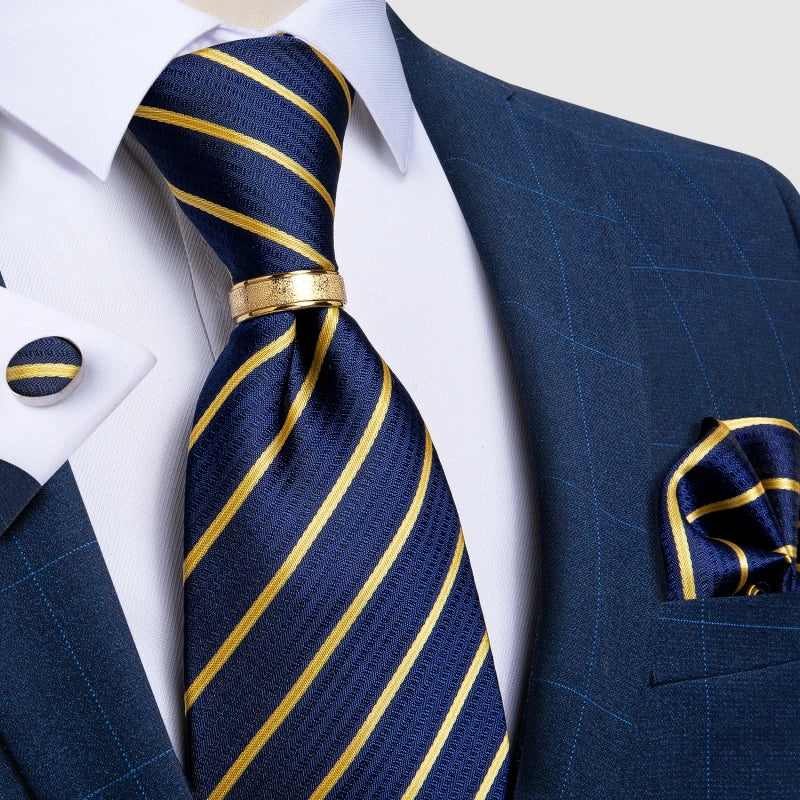 Pink blue Striped Men's Ties Business Wedding Neck Tie Pocket Square Cufflinks Tie Ring Men's Gift Gravata DiBanGu