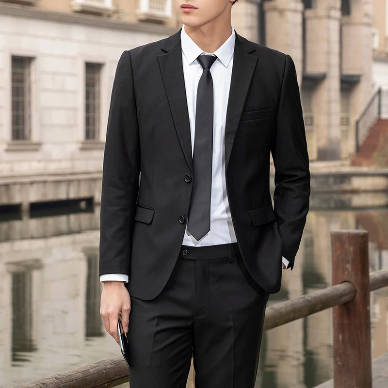 Men's High-Quality Professional Business Suit Solid Color Casual Two-Piece Set Fashion Wedding Handsome Trousers Included
