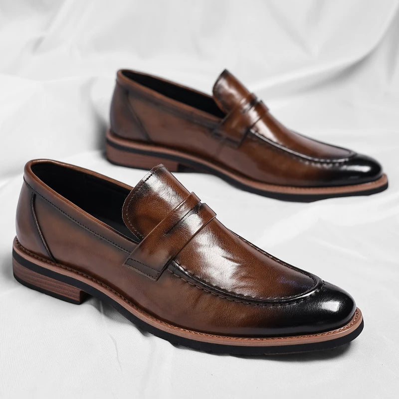 Leather Mens Casual Shoes Leisure Walk Pointed Toe Loafers Thick Bottom and Low Heel Comfy Casual Shoes Classic Business Shoes