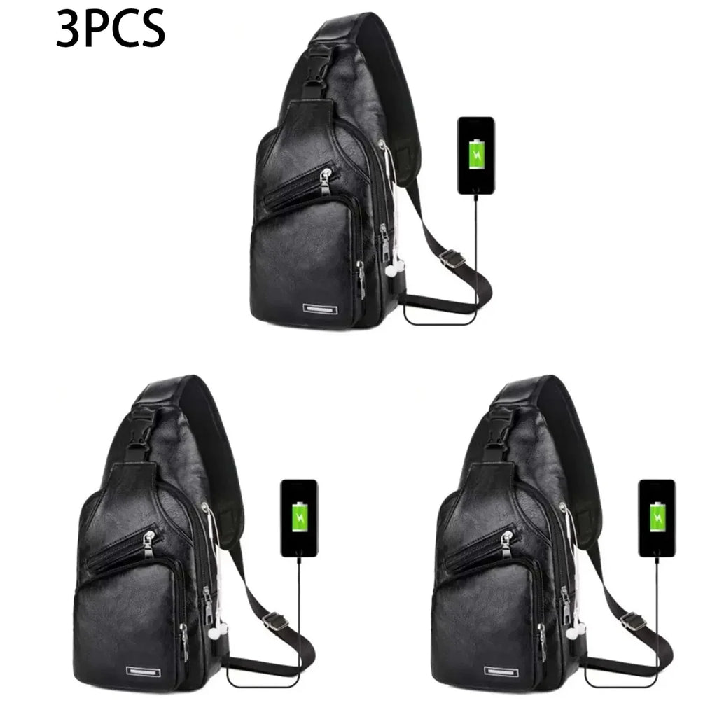 Simple and Fashionable Casual Solid Color PU Multifunctional USB Charging Zipper MEN'S Chest Bag Crossbody Bag for Commuting