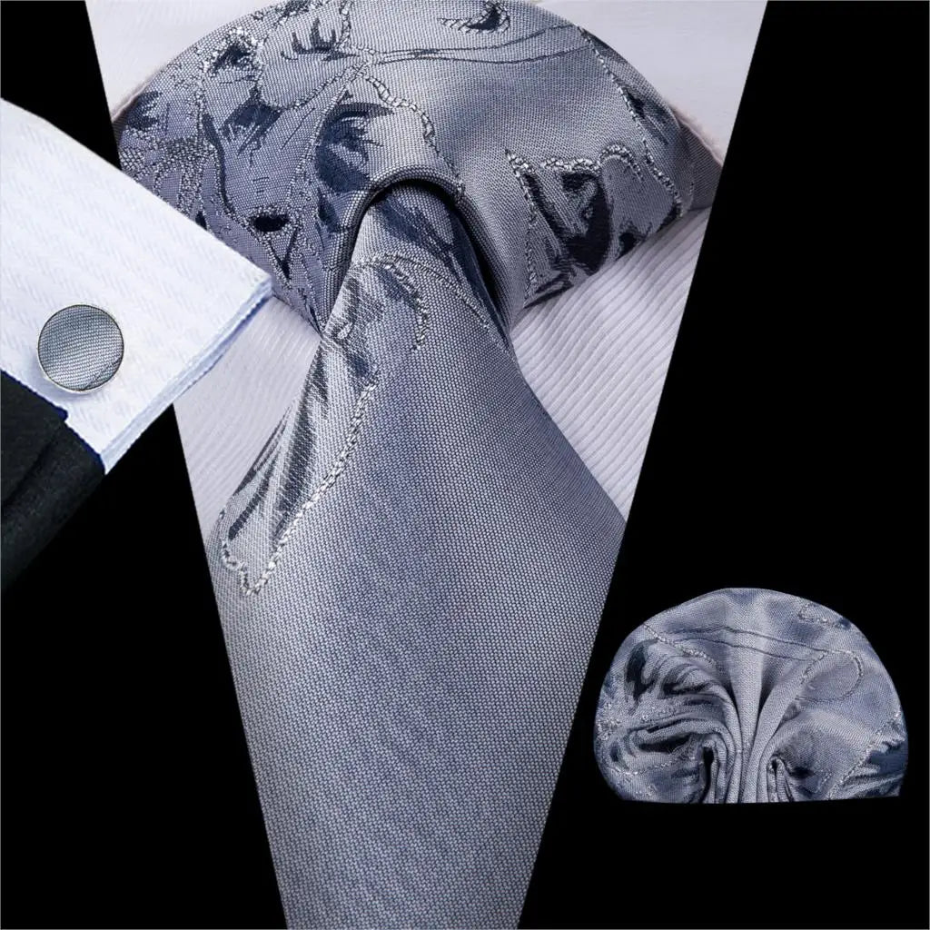 Hi-Tie Luxury Silver Novelty Men Tie Gravata Silk Wedding Necktie For Men Hanky Cufflink Set Fashion Design BusinessDropshipping