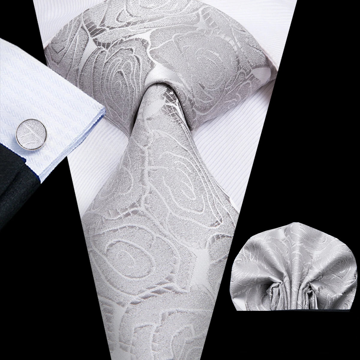 Hi-Tie Luxury Silver Novelty Men Tie Gravata Silk Wedding Necktie For Men Hanky Cufflink Set Fashion Design BusinessDropshipping