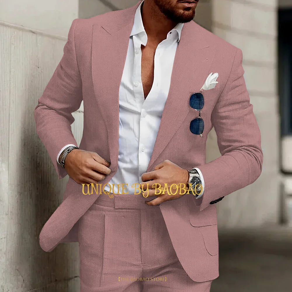 Summer Men's Linen Suit 2 Pieces (Jacket+Pants) Slim Fit Wedding Groomsmen Banquet Dating Cocktail Prom Party Custom Tuxedo