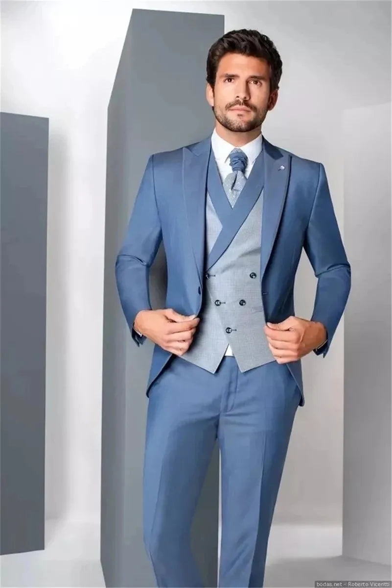 Blue Wedding/Business Slim Fit Formal Suits For Men Costume Homme High Quality Fashion Male Blazer Vest Pants Groom Tuxedos
