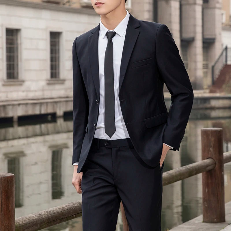 Men's High-Quality Professional Business Suit Solid Color Casual Two-Piece Set Fashion Wedding Handsome Trousers Included