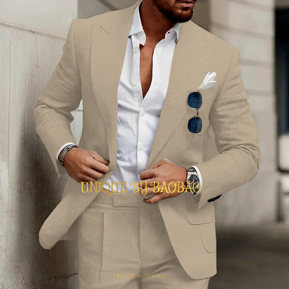 Summer Men's Linen Suit 2 Pieces (Jacket+Pants) Slim Fit Wedding Groomsmen Banquet Dating Cocktail Prom Party Custom Tuxedo