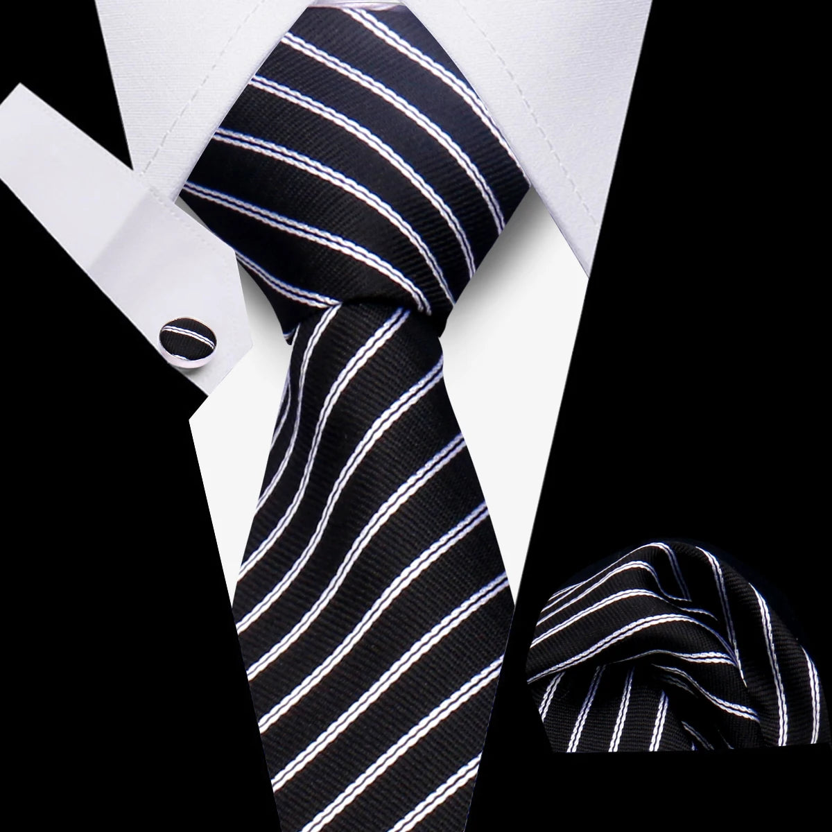 Tie Man Luxury Business Neck Tie For Mens Cufflinks Pocket Square Set 7.5cm Necktie For Wedding Party Shirts Sets White Cravats