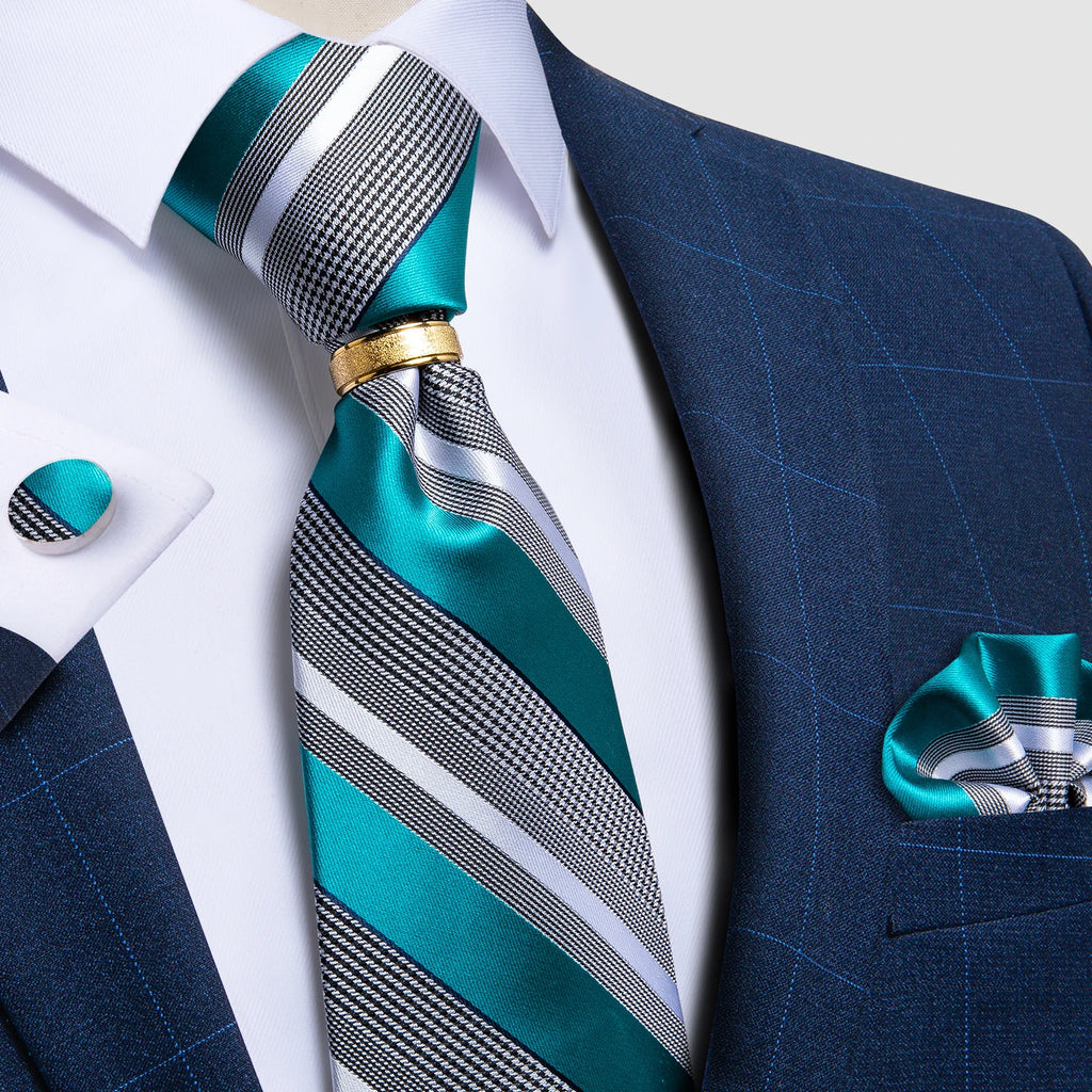 Pink blue Striped Men's Ties Business Wedding Neck Tie Pocket Square Cufflinks Tie Ring Men's Gift Gravata DiBanGu