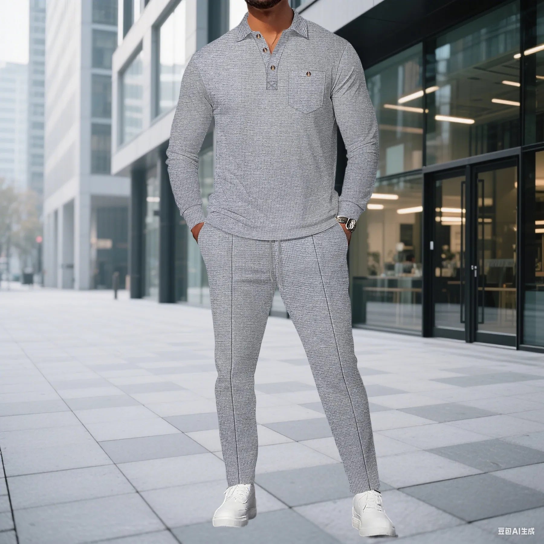 Men's Waffle Knit Long Sleeve Polo Shirt Tracksuit Button Detail Casual Two-Piece Comfortable Daily Wear Sports Outfit