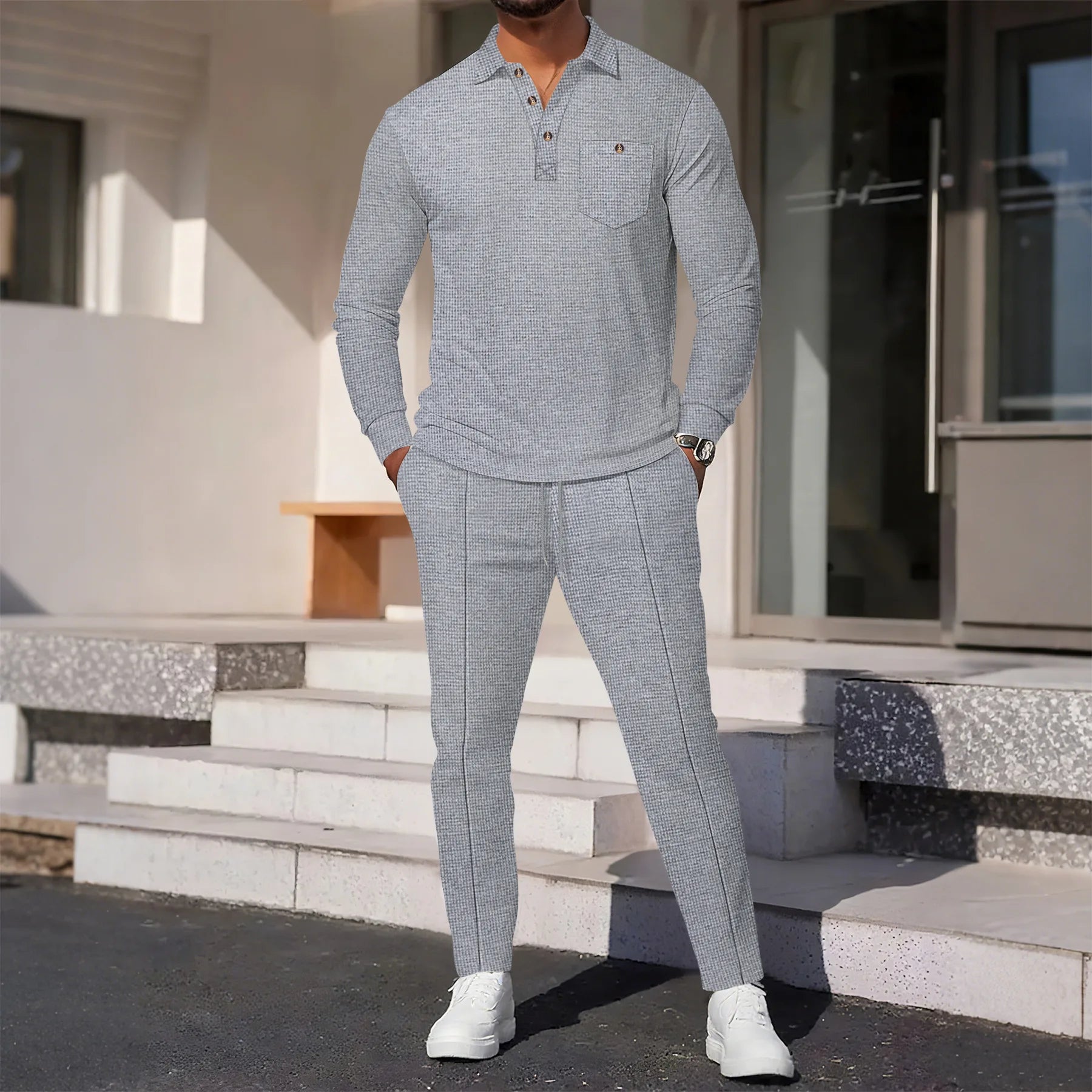 Men's Waffle Knit Long Sleeve Polo Shirt Tracksuit Button Detail Casual Two-Piece Comfortable Daily Wear Sports Outfit