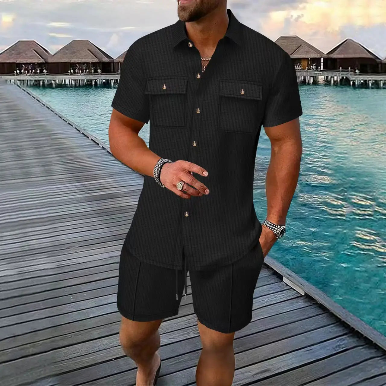 Summer Men's Solid-Color Casual Waffle Shirt with Pocket Short Sleeve And Shorts 2-Piece Set European American Style