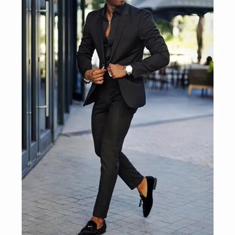 Casual 2 Piece Men Suits Slim Fit Notch Lapel Single Breasted Jacket Wedding Groom Tuxedos Business Suits Set (Jacket+Pants)