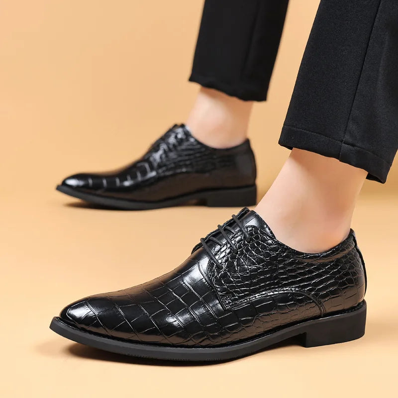 Crocodile Skin Luxury Brand Men's Leather Shoes Lace Pointy Derby Oxford Print Casual Men's Dress Shoes Wedding Party Shoes