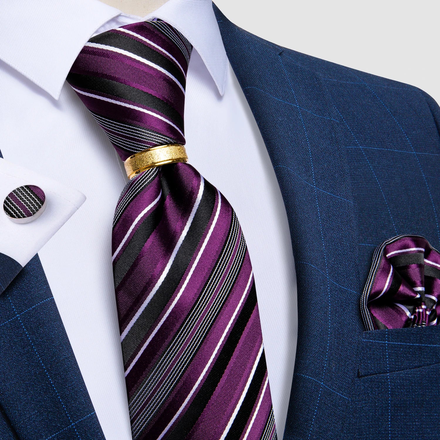 Pink blue Striped Men's Ties Business Wedding Neck Tie Pocket Square Cufflinks Tie Ring Men's Gift Gravata DiBanGu