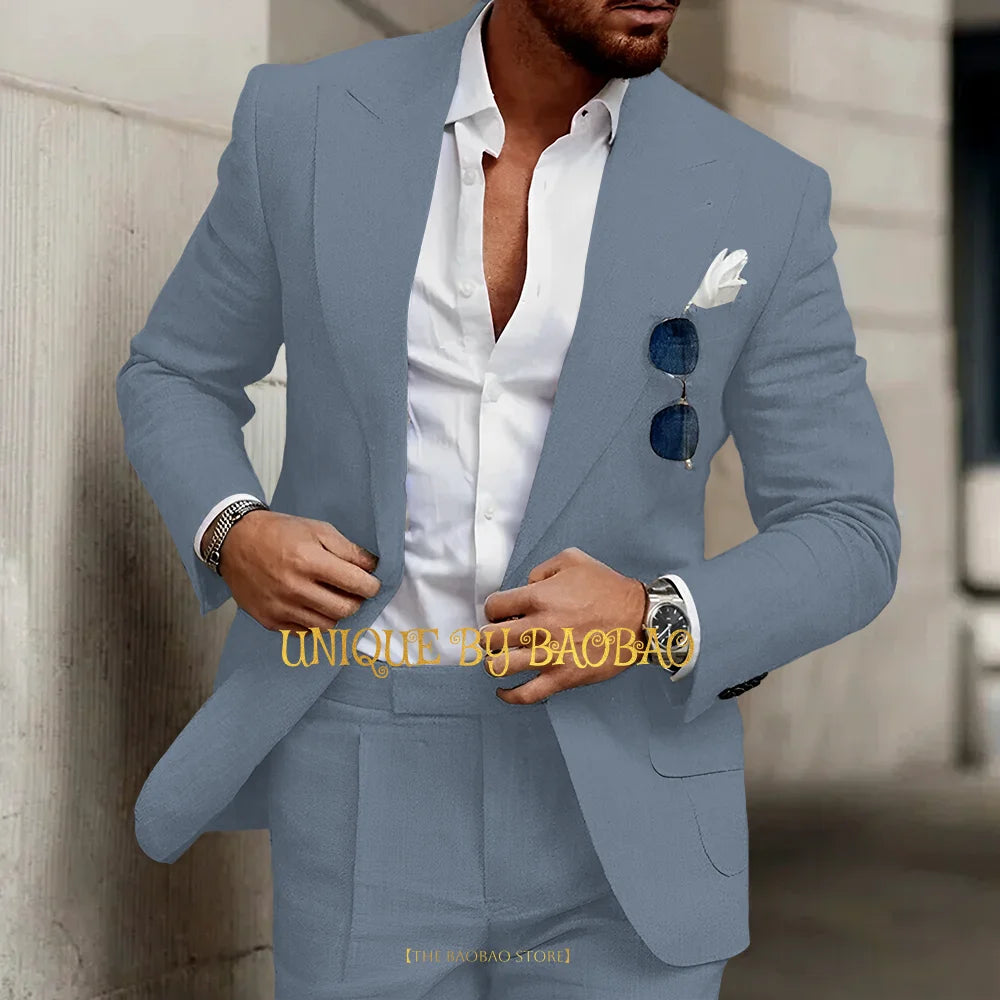 Summer Men's Linen Suit 2 Pieces (Jacket+Pants) Slim Fit Wedding Groomsmen Banquet Dating Cocktail Prom Party Custom Tuxedo
