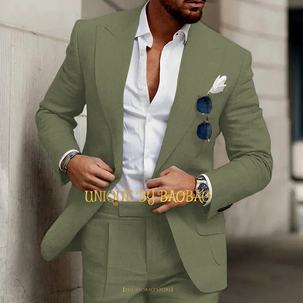 Summer Men's Linen Suit 2 Pieces (Jacket+Pants) Slim Fit Wedding Groomsmen Banquet Dating Cocktail Prom Party Custom Tuxedo