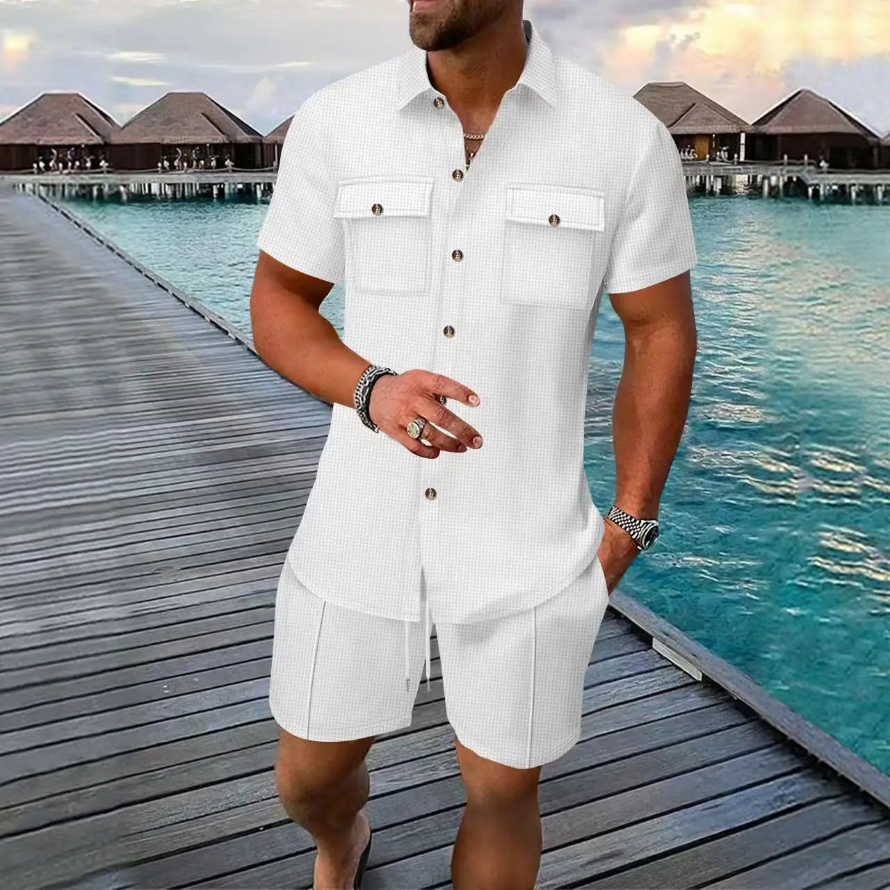 Summer Men's Solid-Color Casual Waffle Shirt with Pocket Short Sleeve And Shorts 2-Piece Set European American Style