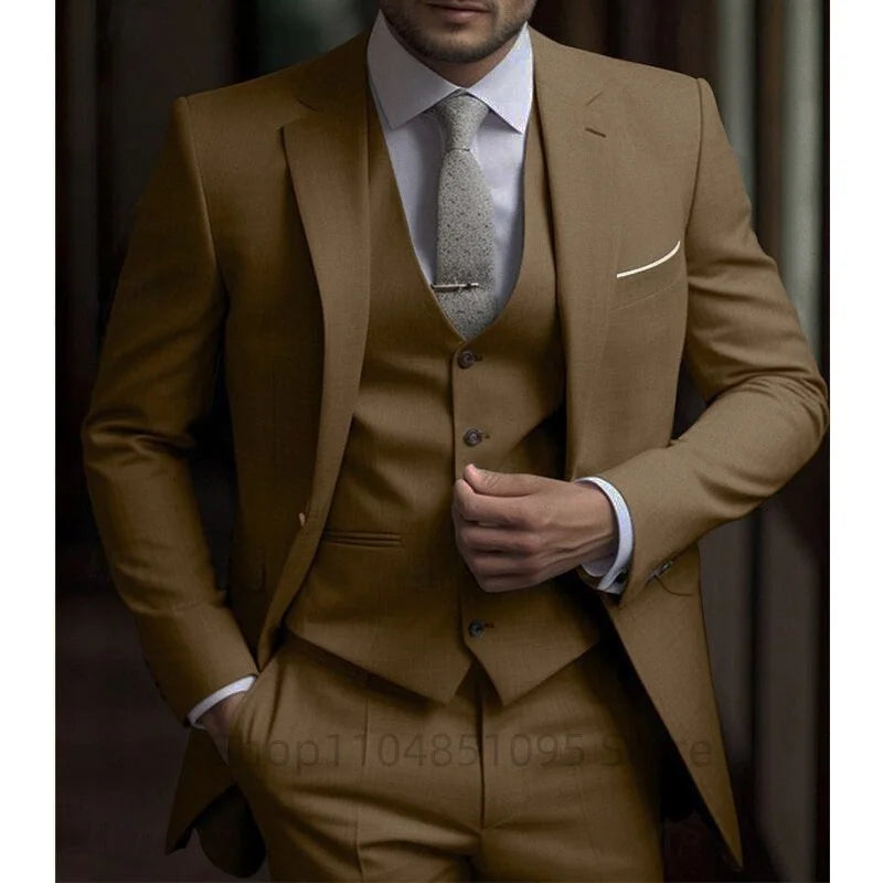 High Quality Beige Men Suits Notc Lapel Slim Fit Men Clothing Elegant Wedding 3 Piece Jacket Vest Pants Sets for Business Party