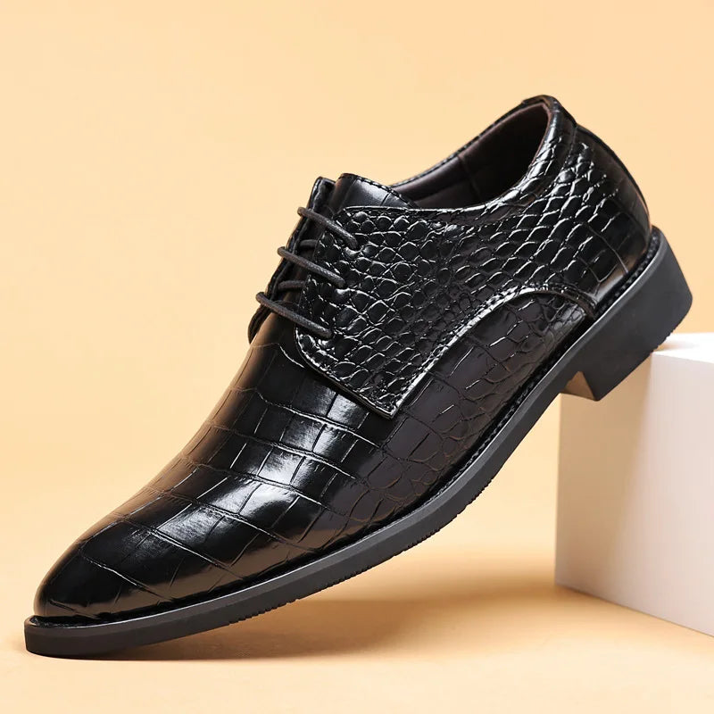 Crocodile Skin Luxury Brand Men's Leather Shoes Lace Pointy Derby Oxford Print Casual Men's Dress Shoes Wedding Party Shoes