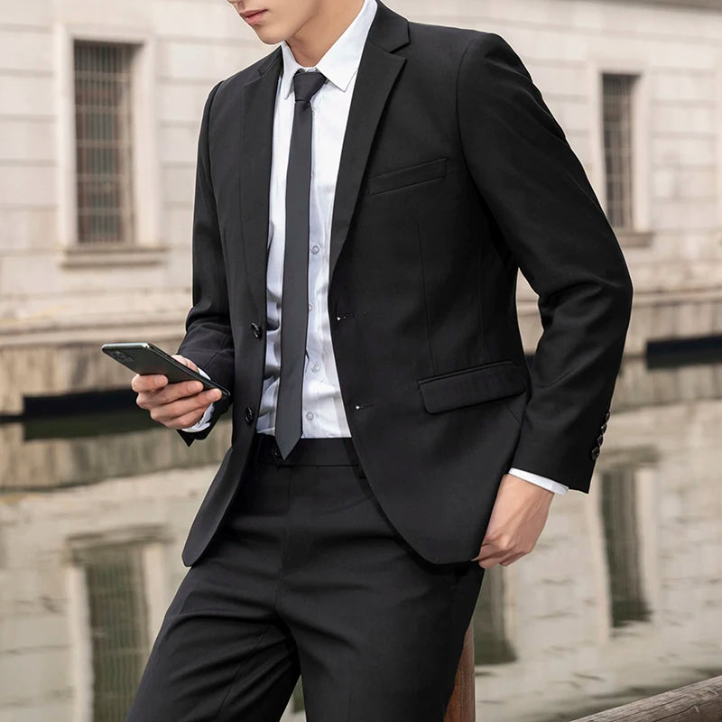 Men's High-Quality Professional Business Suit Solid Color Casual Two-Piece Set Fashion Wedding Handsome Trousers Included
