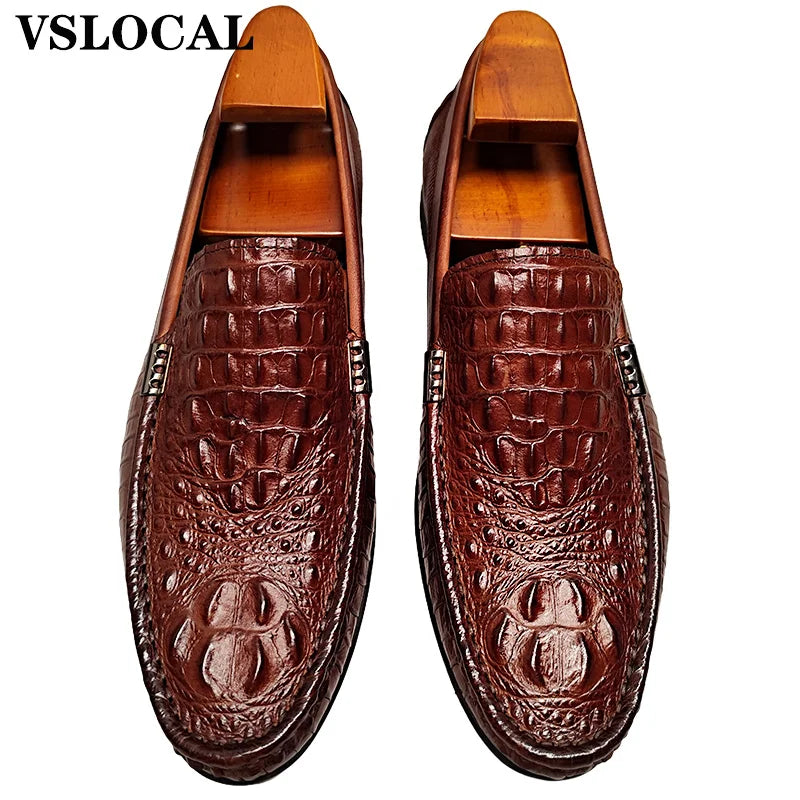 Luxury Genuine Leather Men Shoes Black Brown CROCO Prints Slip on Casual Mens Dress Shoes Wedding Office Loafers For Man