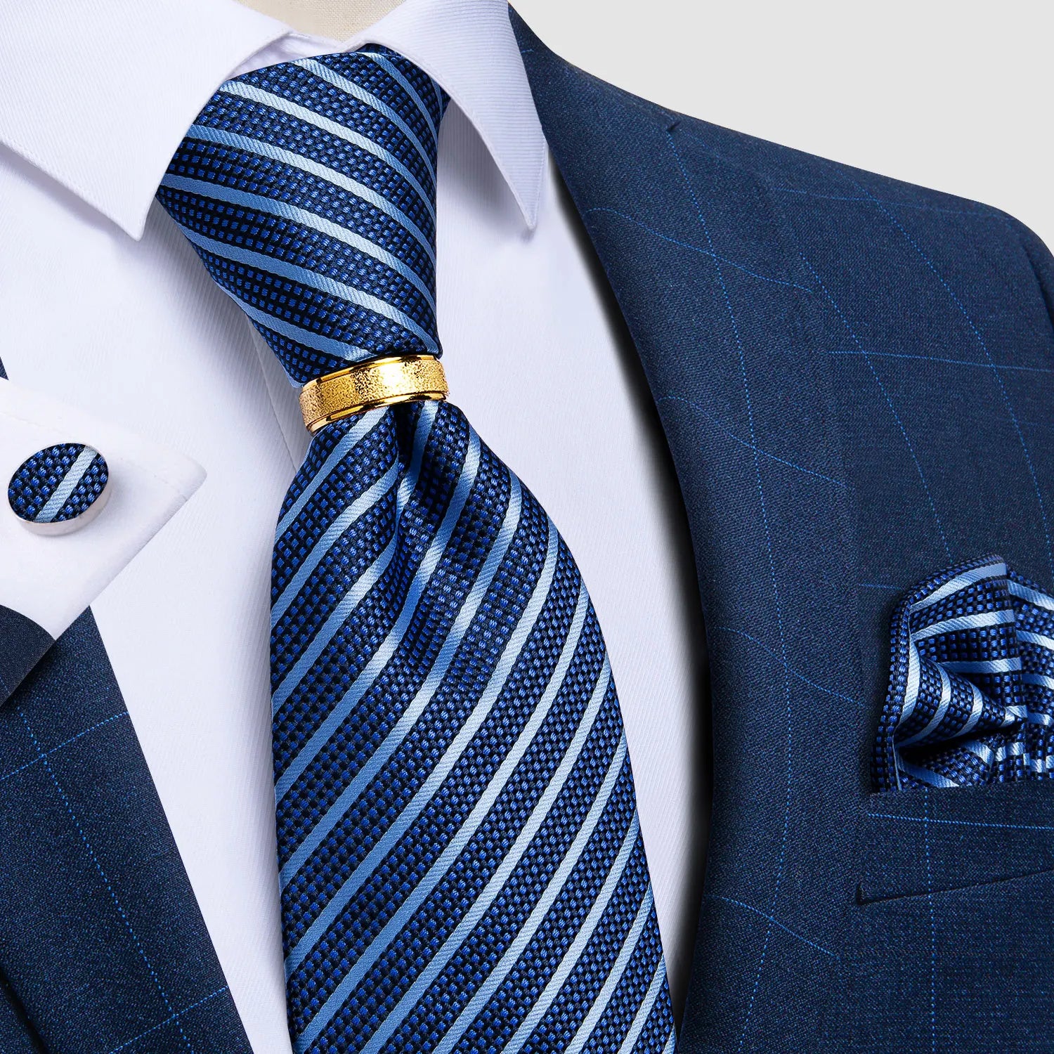 Pink blue Striped Men's Ties Business Wedding Neck Tie Pocket Square Cufflinks Tie Ring Men's Gift Gravata DiBanGu