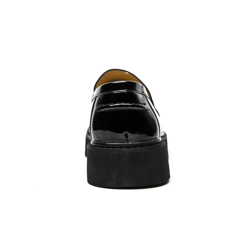 Large size glossy gentleman breathable leather shoes for formal wear, round toe thick soled high rise men's loafers