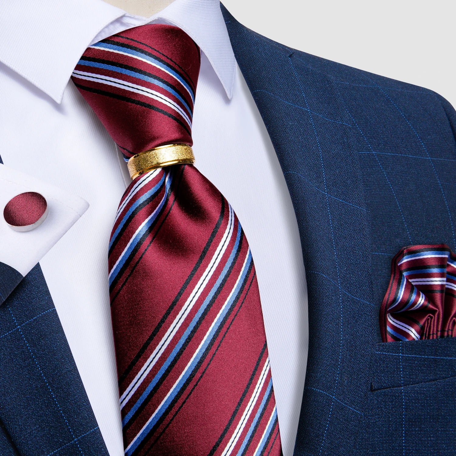 Pink blue Striped Men's Ties Business Wedding Neck Tie Pocket Square Cufflinks Tie Ring Men's Gift Gravata DiBanGu