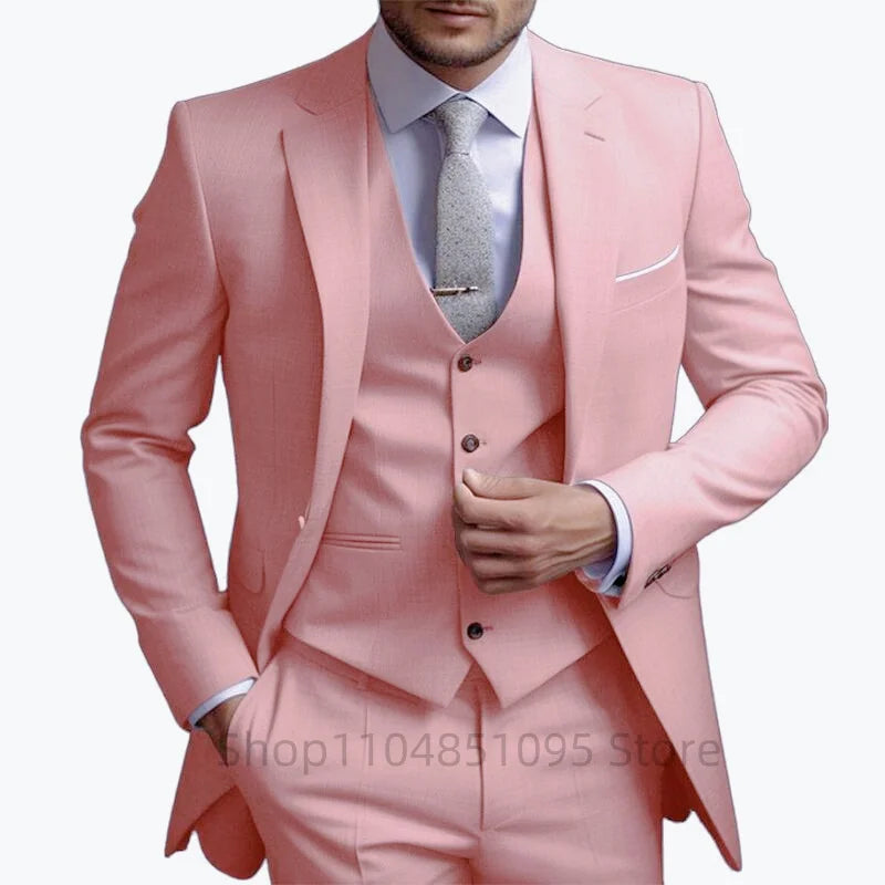 High Quality Beige Men Suits Notc Lapel Slim Fit Men Clothing Elegant Wedding 3 Piece Jacket Vest Pants Sets for Business Party