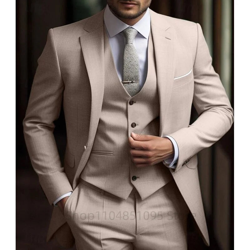 High Quality Beige Men Suits Notc Lapel Slim Fit Men Clothing Elegant Wedding 3 Piece Jacket Vest Pants Sets for Business Party