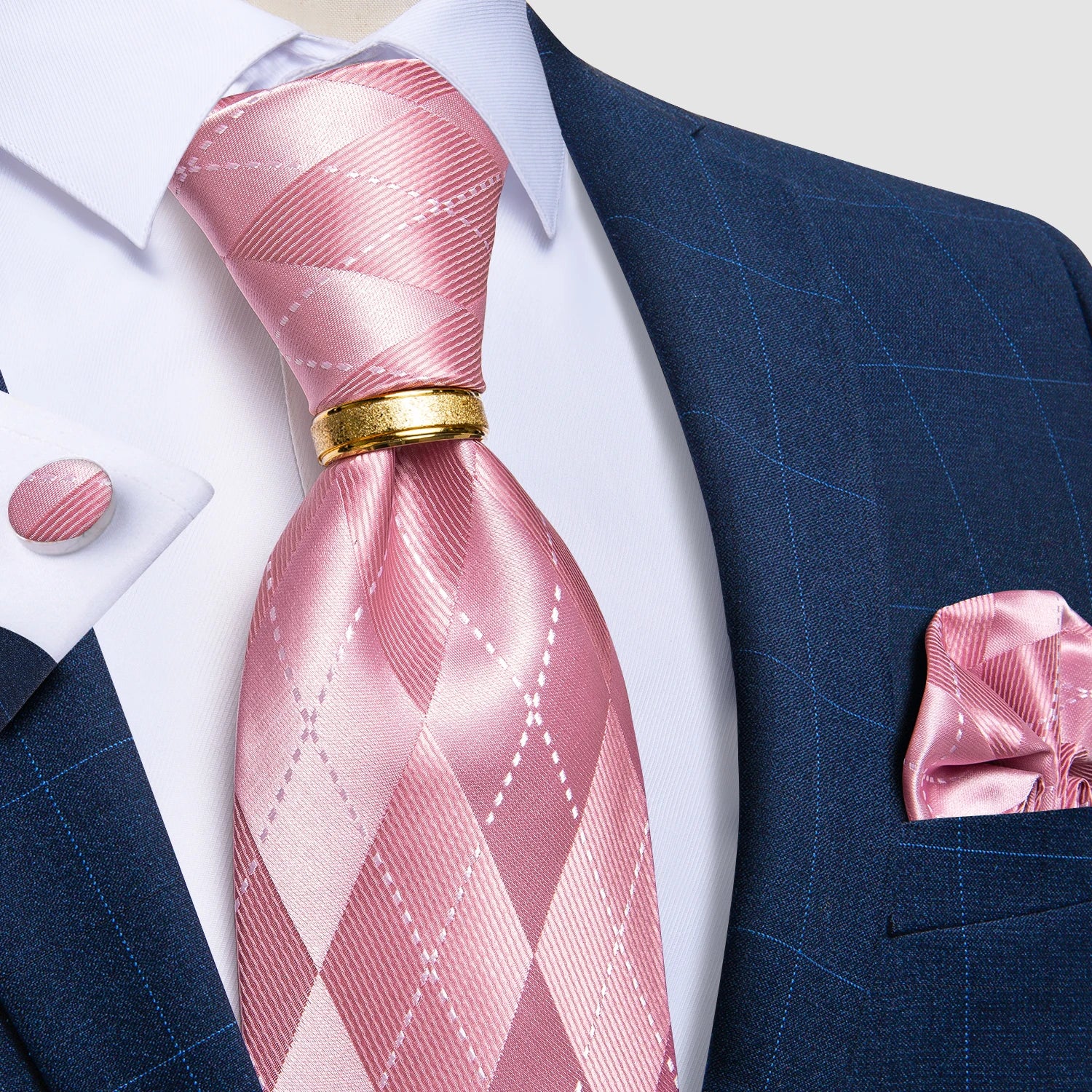 Pink blue Striped Men's Ties Business Wedding Neck Tie Pocket Square Cufflinks Tie Ring Men's Gift Gravata DiBanGu