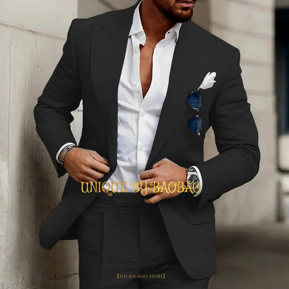 Summer Men's Linen Suit 2 Pieces (Jacket+Pants) Slim Fit Wedding Groomsmen Banquet Dating Cocktail Prom Party Custom Tuxedo
