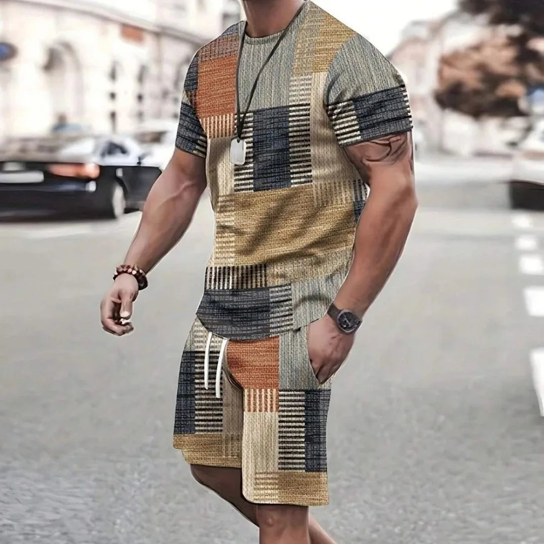 2025 Fashion new Men's sports shorts Short sleeve T-shirt style casual shorts set Retro cool breathable and two piece set