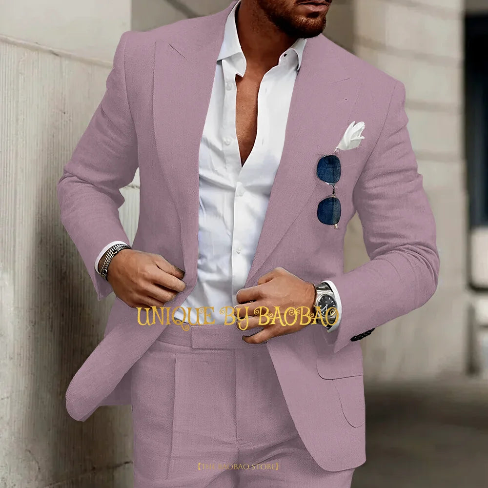 Summer Men's Linen Suit 2 Pieces (Jacket+Pants) Slim Fit Wedding Groomsmen Banquet Dating Cocktail Prom Party Custom Tuxedo
