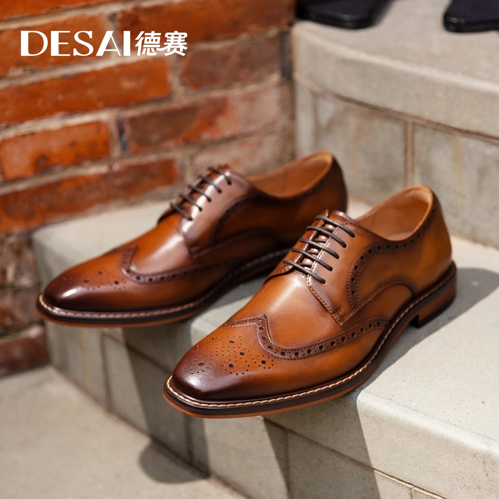 DESAI Men Shoes Mens Genuine Leather Business Dress Retro Gentleman Formal Carved Brogue Formal Shoes Men High Quality Gifts