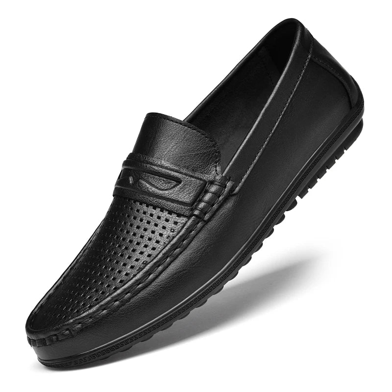 2025 New Casual Leather Mens Loafers Stylish Design Comfy Outdoor Slip on Walking Shoes Fashion Hollow Breathable Driving Flats