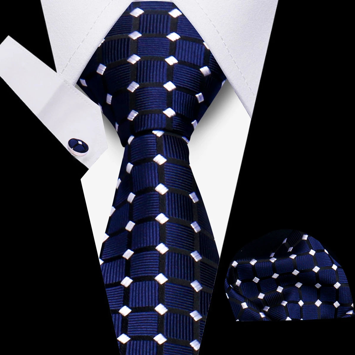 Tie Man Luxury Business Neck Tie For Mens Cufflinks Pocket Square Set 7.5cm Necktie For Wedding Party Shirts Sets White Cravats