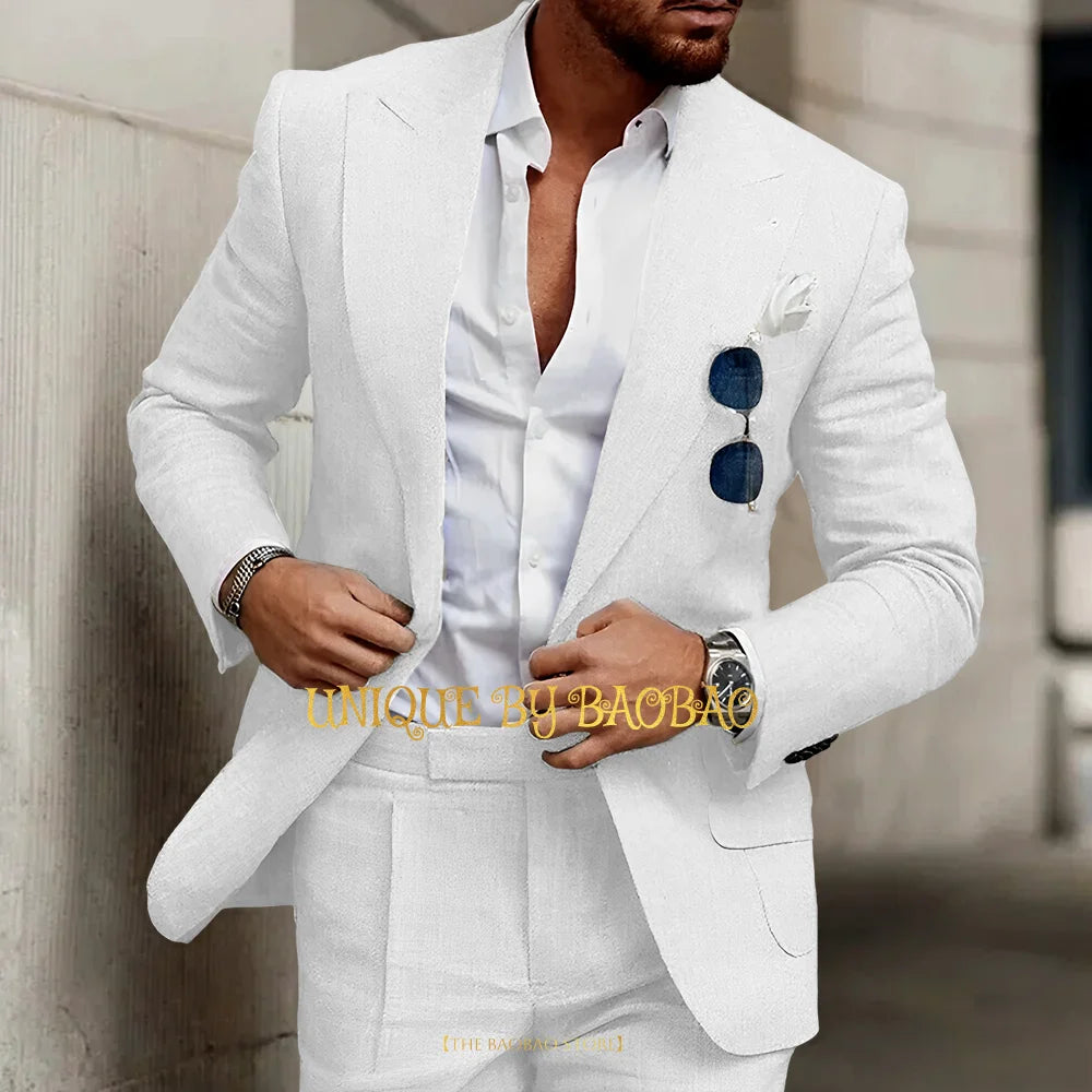 Summer Men's Linen Suit 2 Pieces (Jacket+Pants) Slim Fit Wedding Groomsmen Banquet Dating Cocktail Prom Party Custom Tuxedo