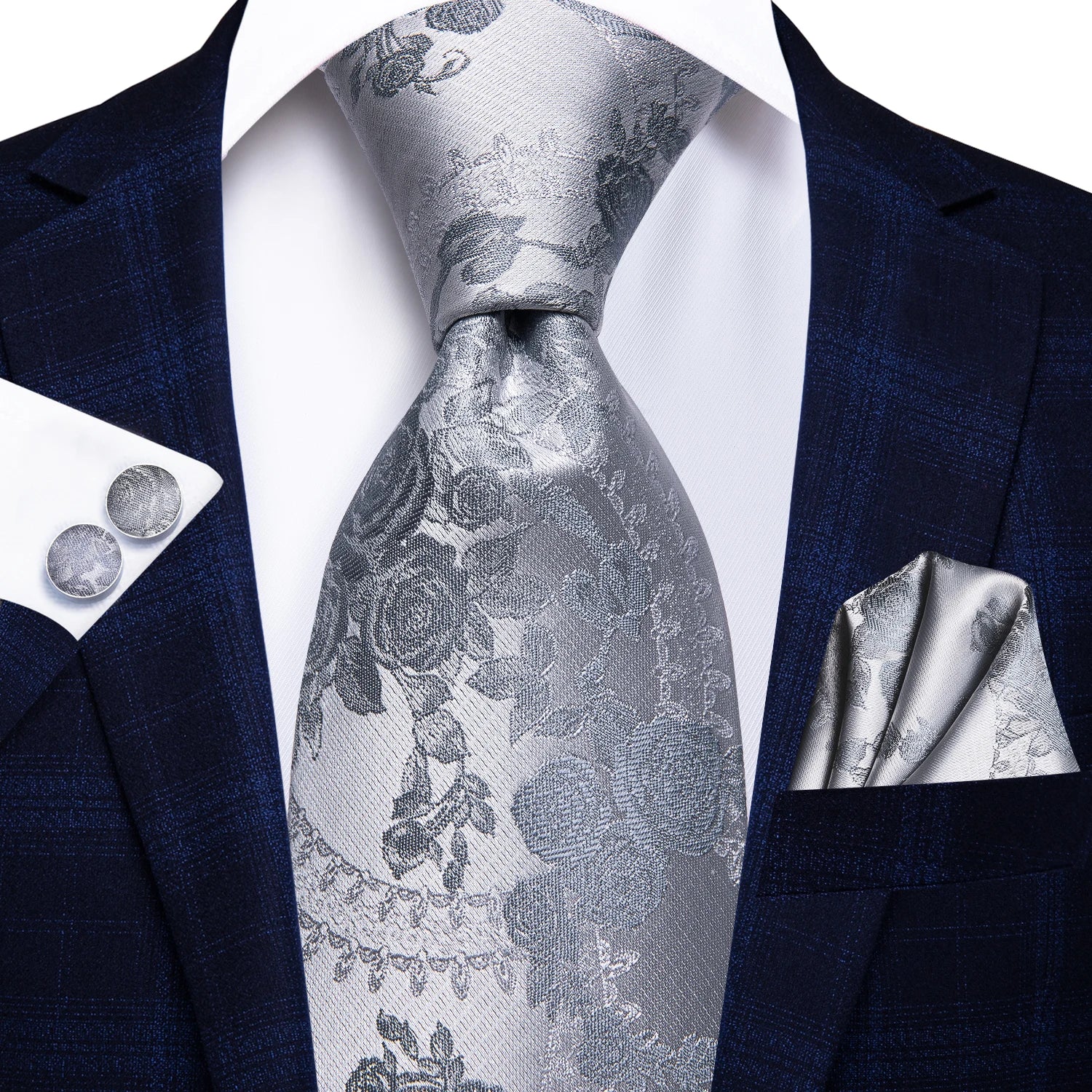 Hi-Tie Luxury Silver Novelty Men Tie Gravata Silk Wedding Necktie For Men Hanky Cufflink Set Fashion Design BusinessDropshipping