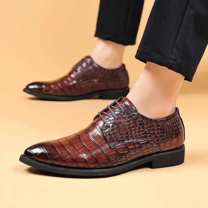 Crocodile Skin Luxury Brand Men's Leather Shoes Lace Pointy Derby Oxford Print Casual Men's Dress Shoes Wedding Party Shoes