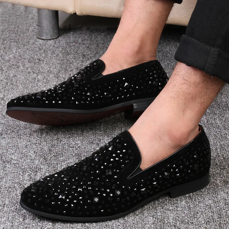 Black Luxury Men Dress Shoes Designer Spikes Loafers Shoes Denim Metal Sequins Footwear High Quality Casual Men Leather Shoes