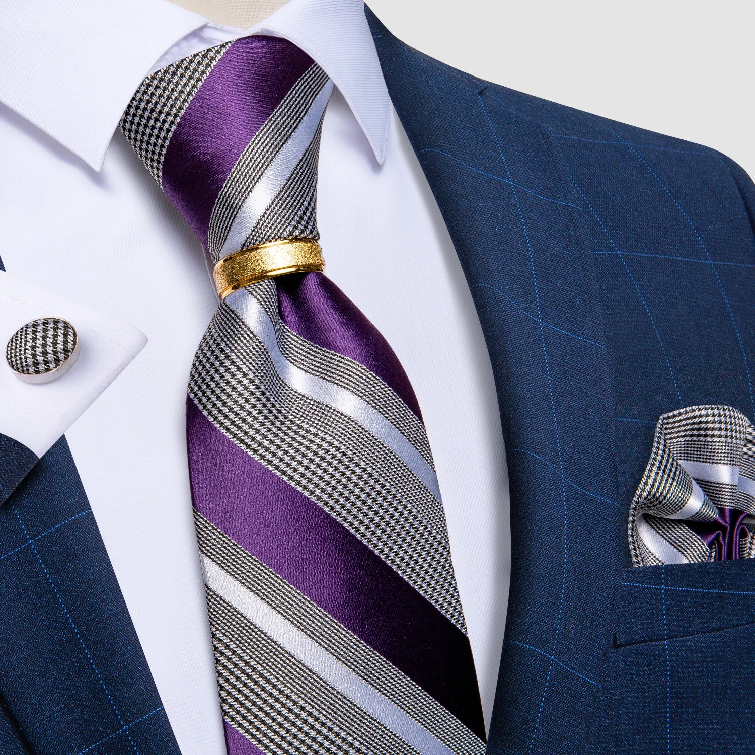 Pink blue Striped Men's Ties Business Wedding Neck Tie Pocket Square Cufflinks Tie Ring Men's Gift Gravata DiBanGu