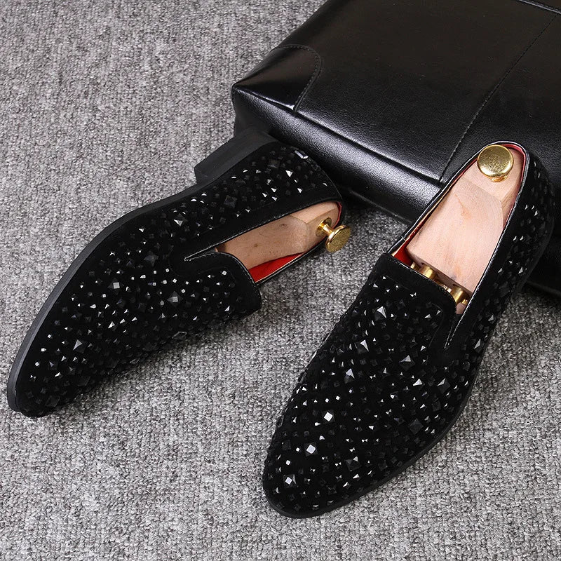 Black Luxury Men Dress Shoes Designer Spikes Loafers Shoes Denim Metal Sequins Footwear High Quality Casual Men Leather Shoes