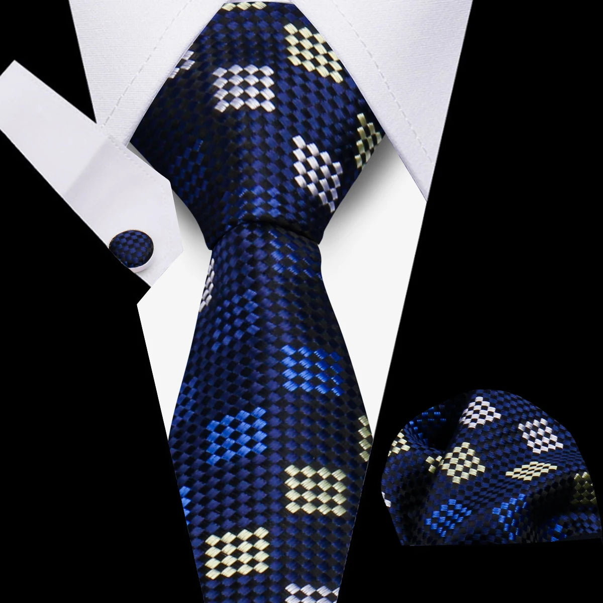 Tie Man Luxury Business Neck Tie For Mens Cufflinks Pocket Square Set 7.5cm Necktie For Wedding Party Shirts Sets White Cravats