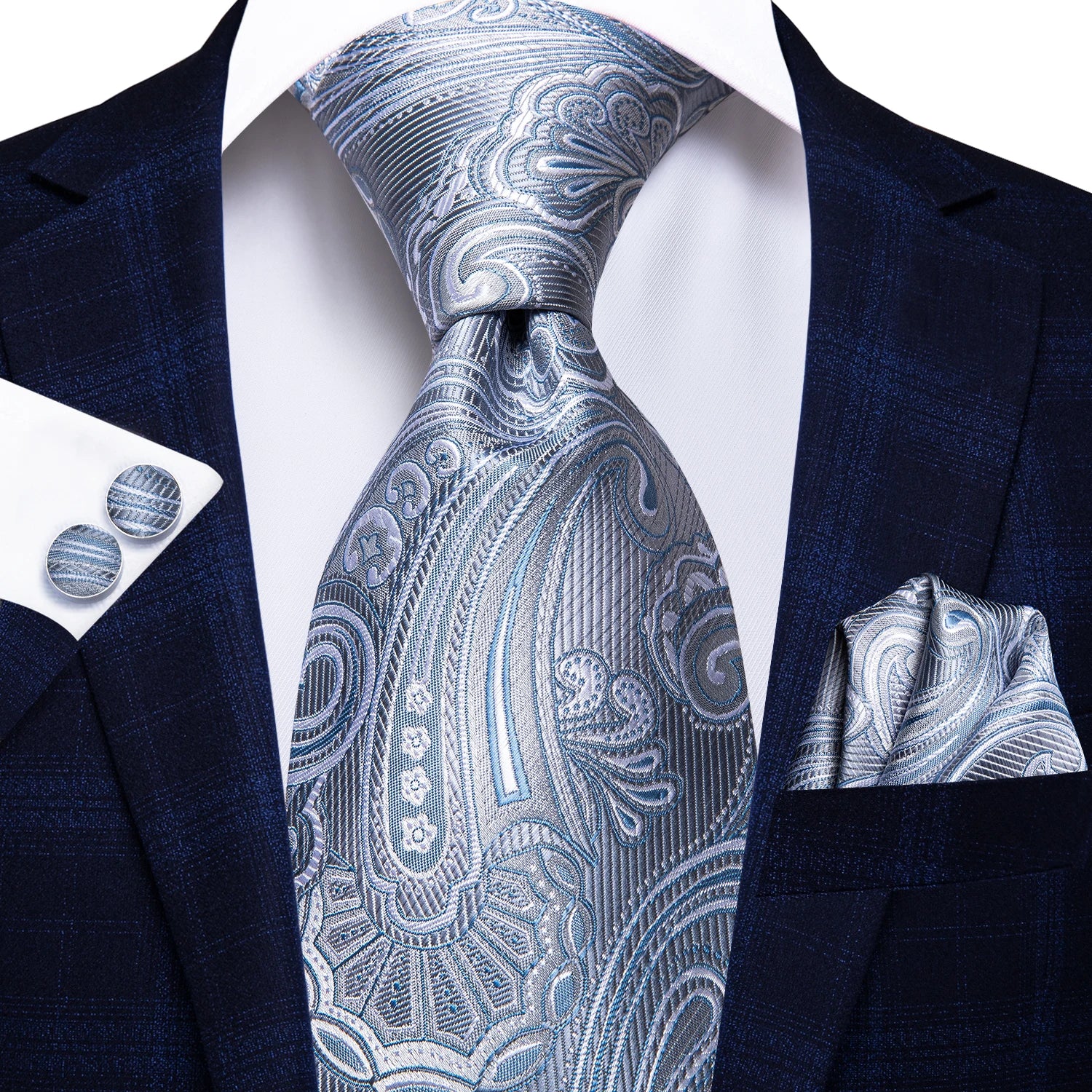 Hi-Tie Luxury Silver Novelty Men Tie Gravata Silk Wedding Necktie For Men Hanky Cufflink Set Fashion Design BusinessDropshipping