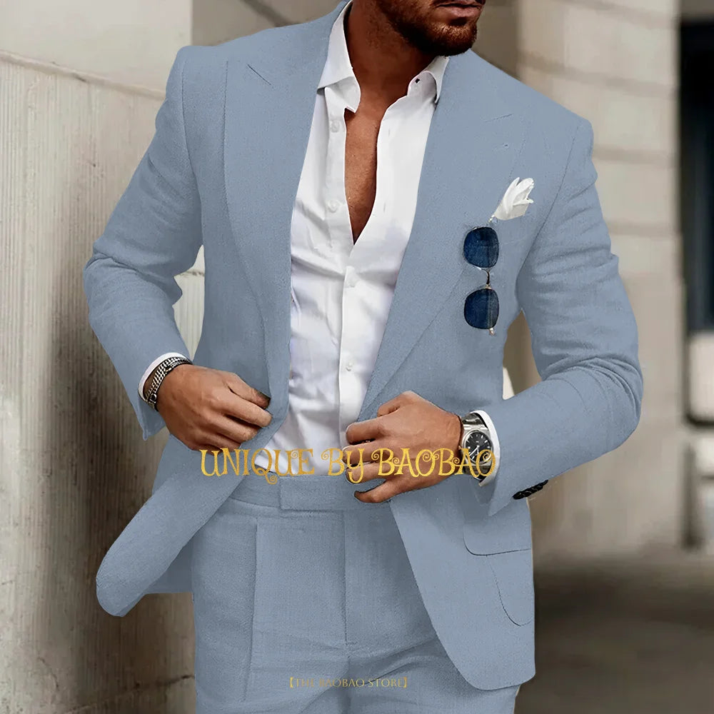 Summer Men's Linen Suit 2 Pieces (Jacket+Pants) Slim Fit Wedding Groomsmen Banquet Dating Cocktail Prom Party Custom Tuxedo