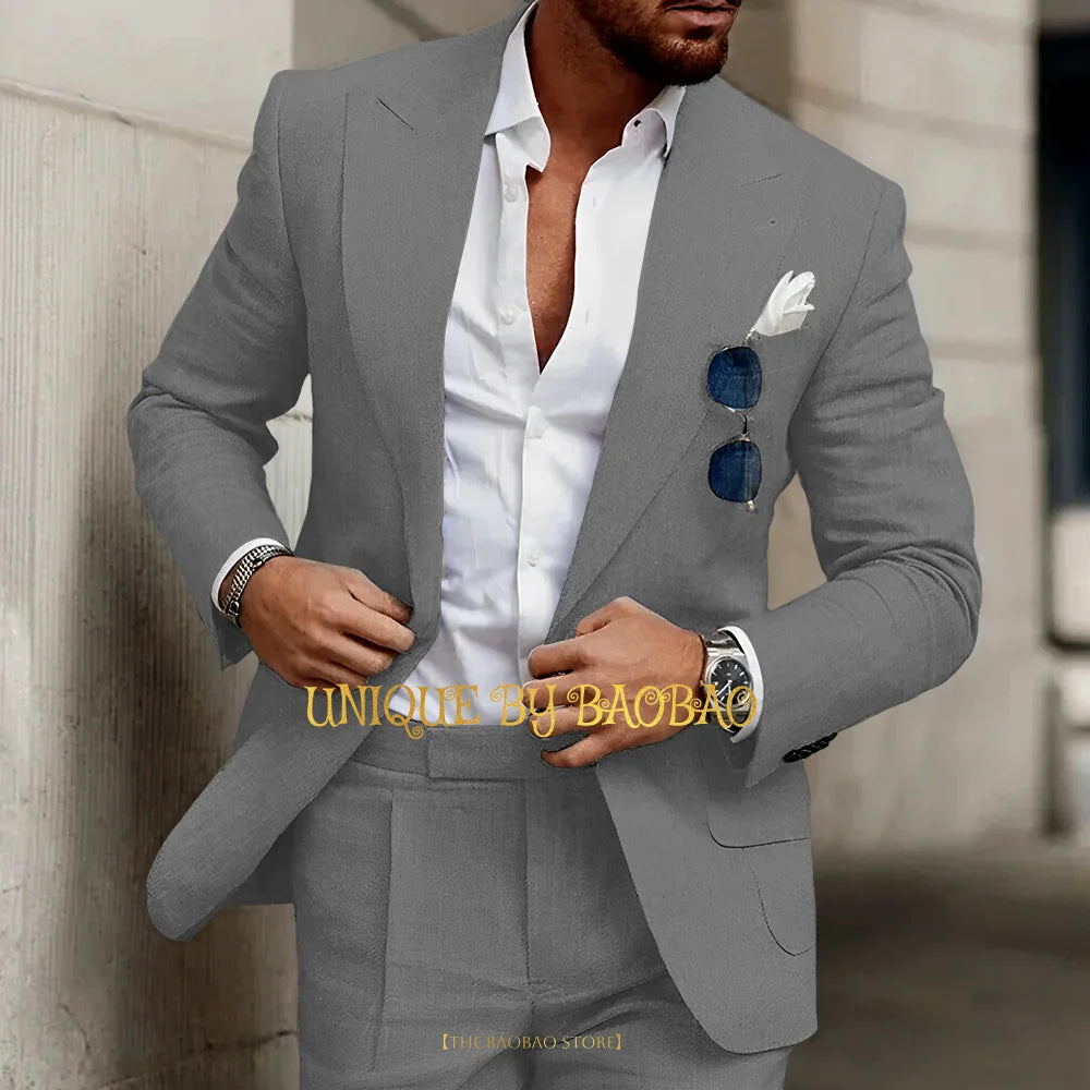 Summer Men's Linen Suit 2 Pieces (Jacket+Pants) Slim Fit Wedding Groomsmen Banquet Dating Cocktail Prom Party Custom Tuxedo